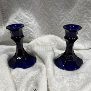 Indiana glass taper paneled Cobalt Blue Candle Stick Holders!  Vintage!  EUC!